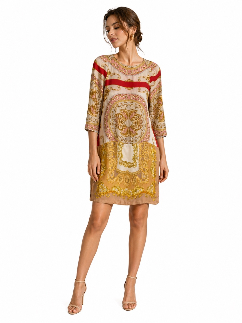 Zara Mulberry silk dress knee length Chains Gold Pink Small printed